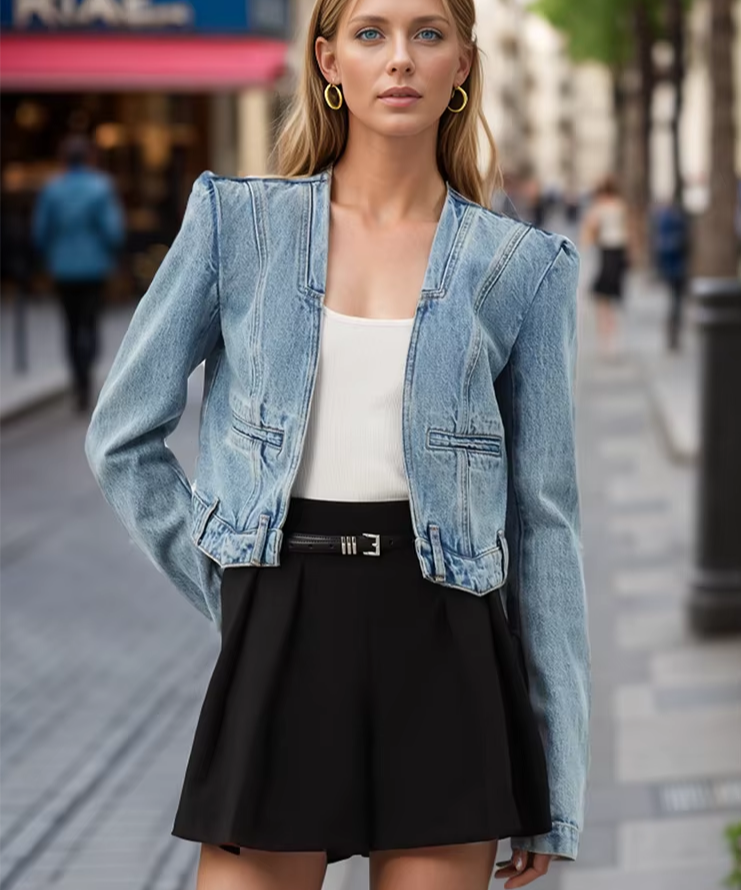 Chic V Neck Denim Jacket for Women - Stylish Long Sleeve Streetwear with Pockets