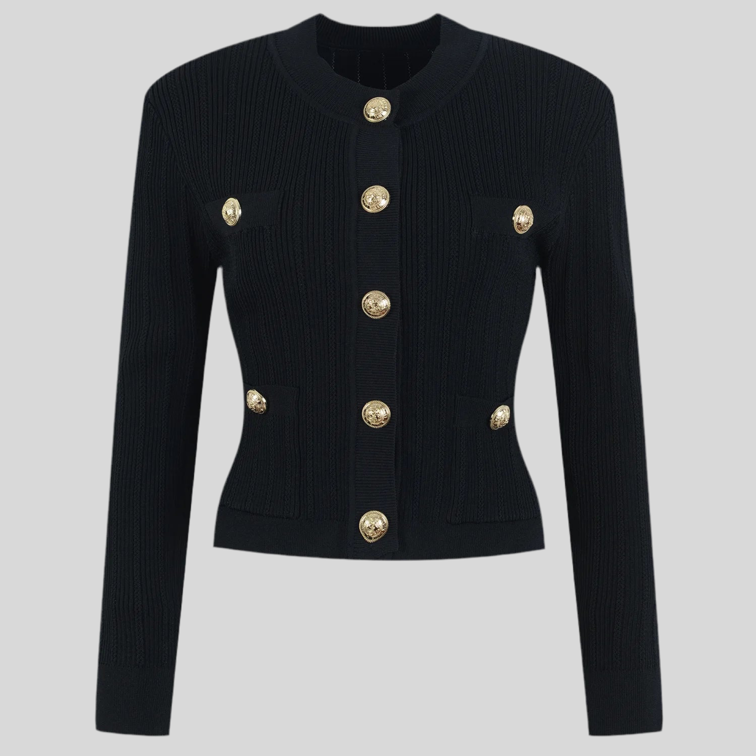  Elegant Black Knitted Cardigan with Gold Buttons