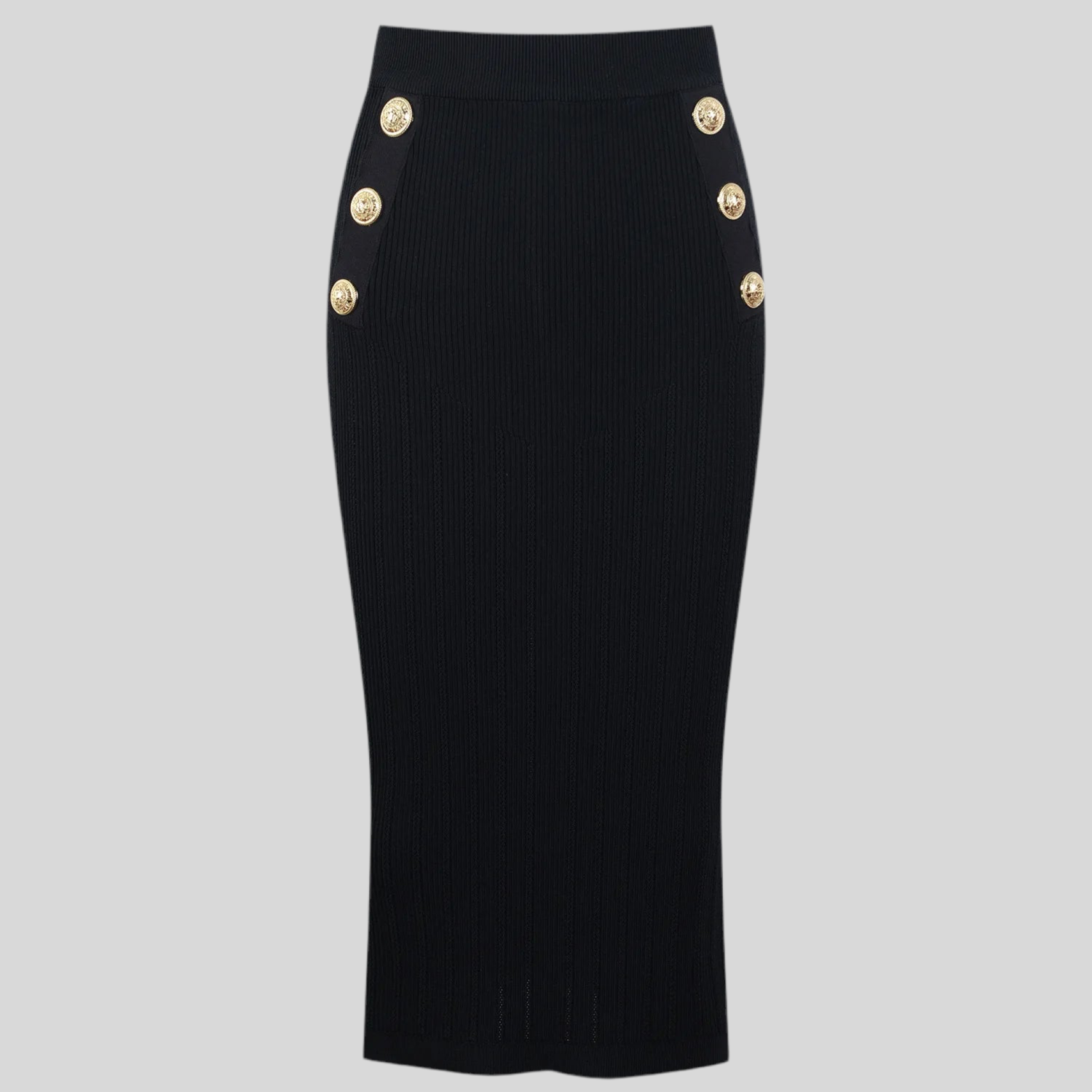 Elegant Black Knitted Skirt with Gold Buttons