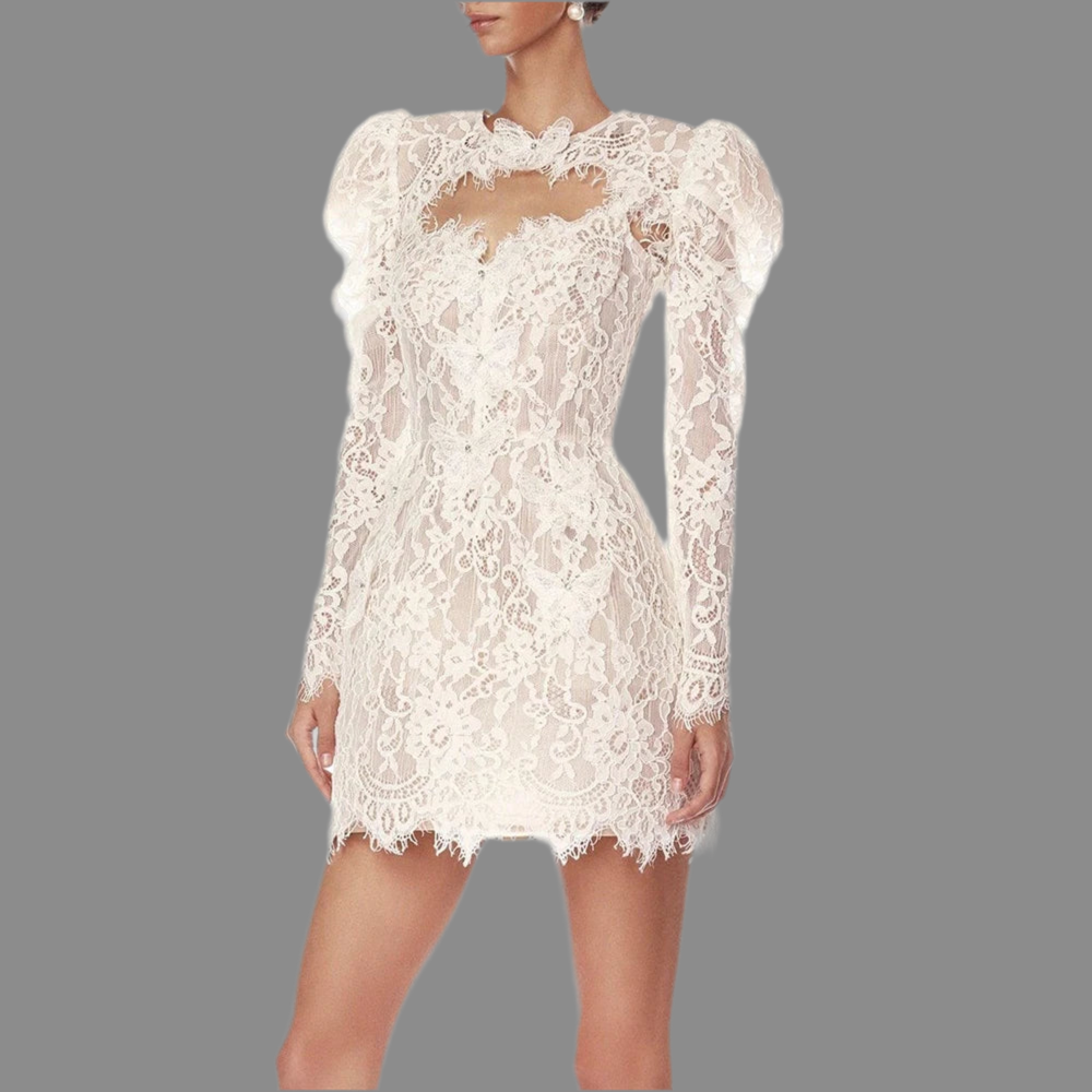 White Lace Pearl Embellished Mini Dress