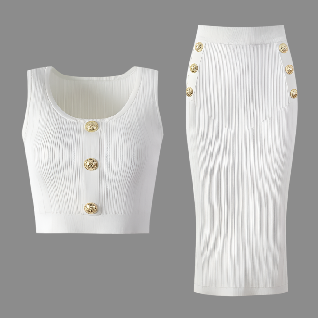 Elegant Ivory Knitted Skirt with Gold Buttons