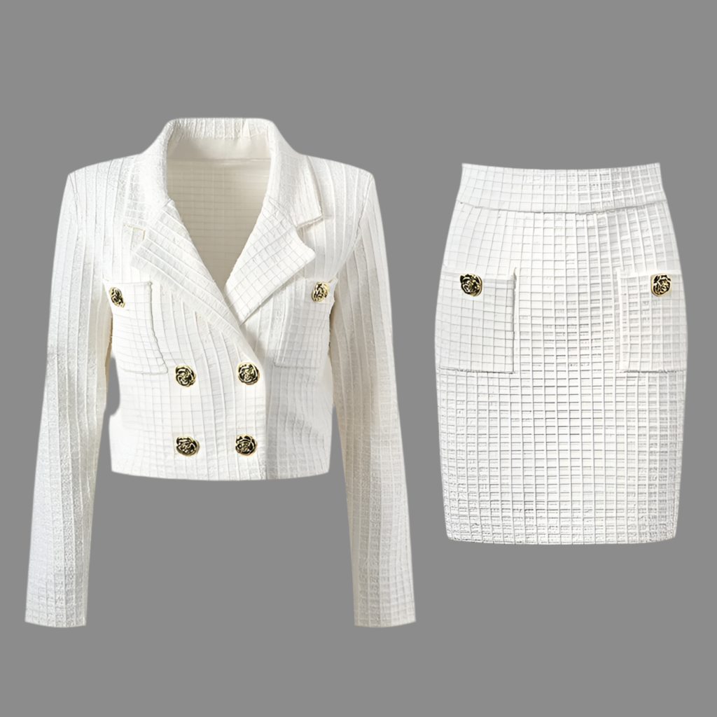 Vintage Tweed Double-Breasted Blazer and Mini Skirt Set