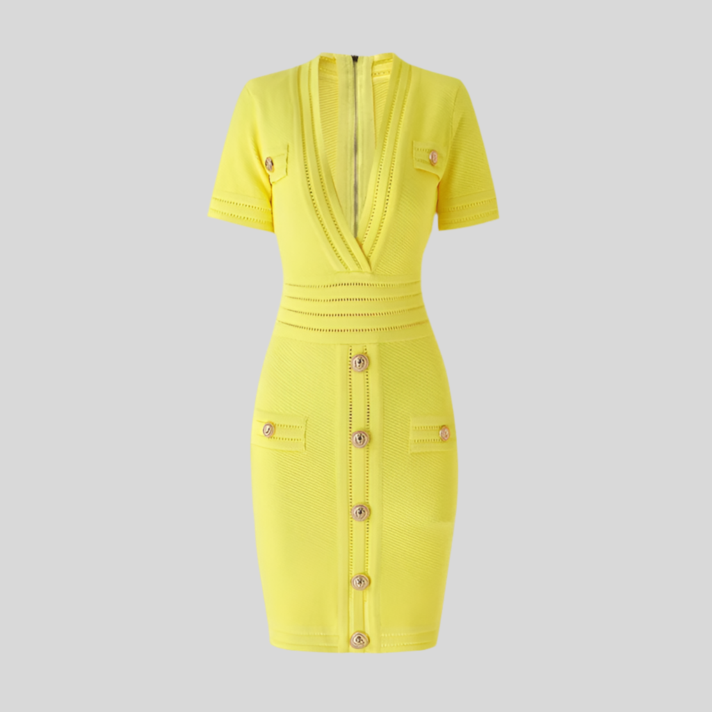 Sexy V-Neck Short Sleeve Yellow Mini Dress for Women