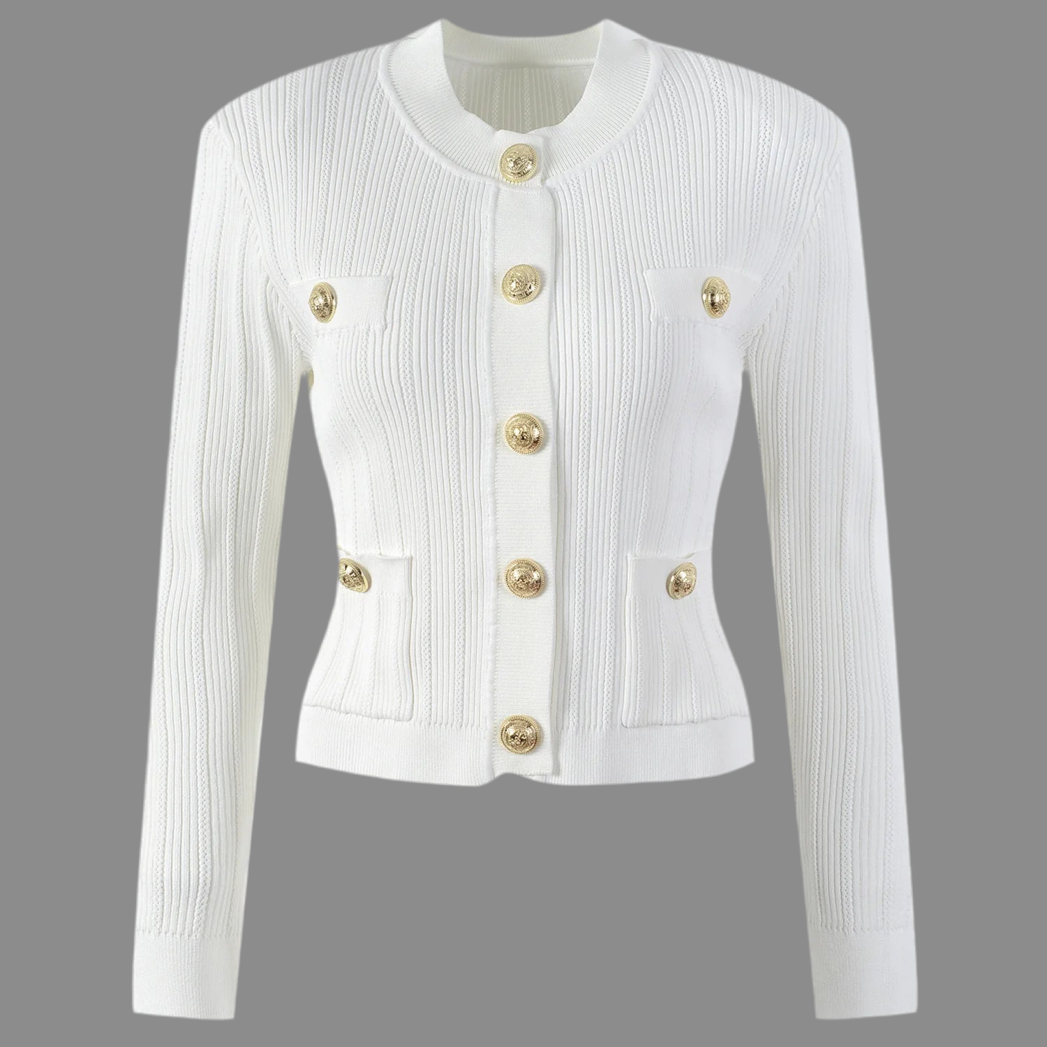 Elegant Ivory Knitted Cardigan with Gold Buttons