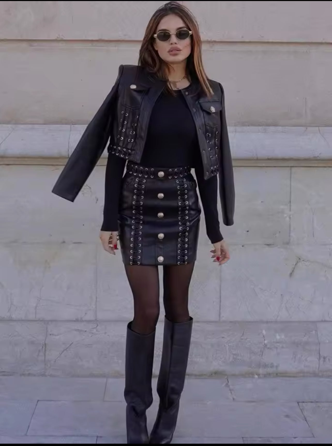 Black Lace-Up Faux Leather Jacket For Women.