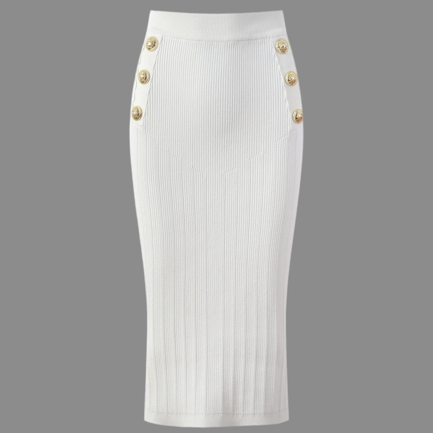 Elegant Ivory Knitted Skirt with Gold Buttons