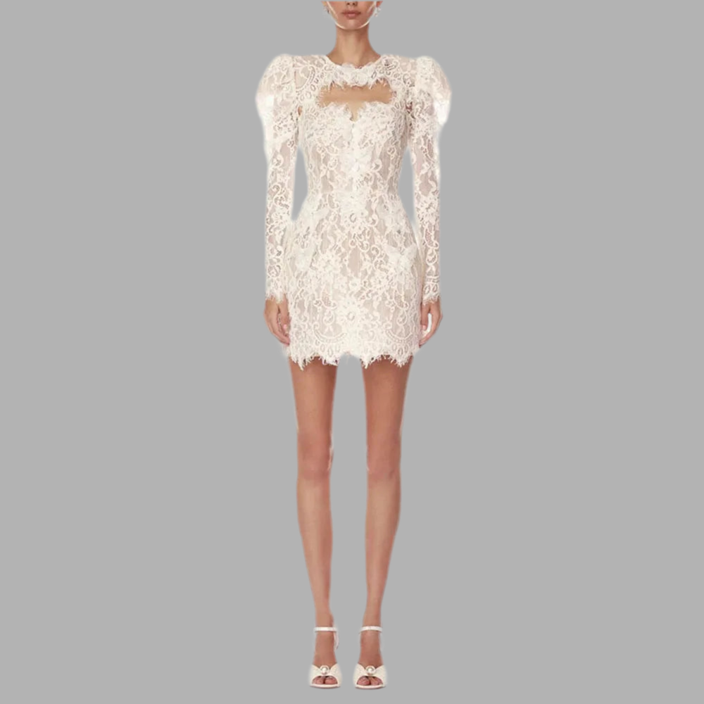 White Lace Pearl Embellished Mini Dress