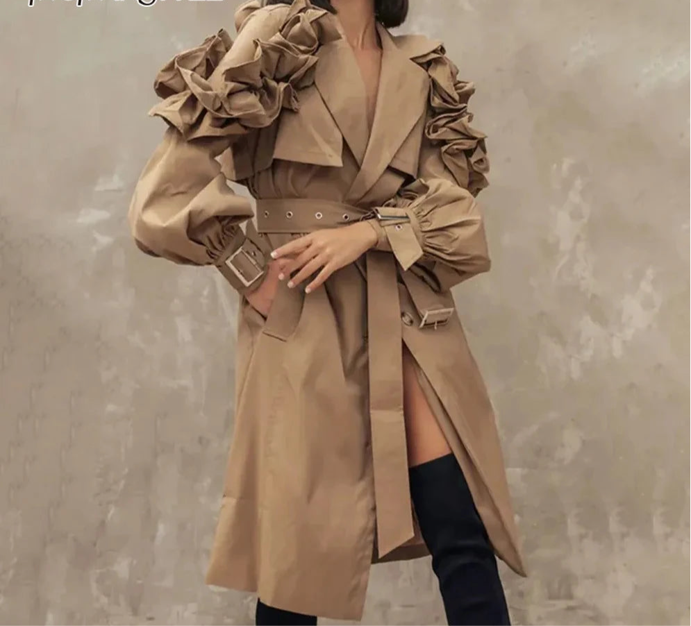 Trench Coat with Lapel and Lantern Sleeves - High Waist Design with Button Detail