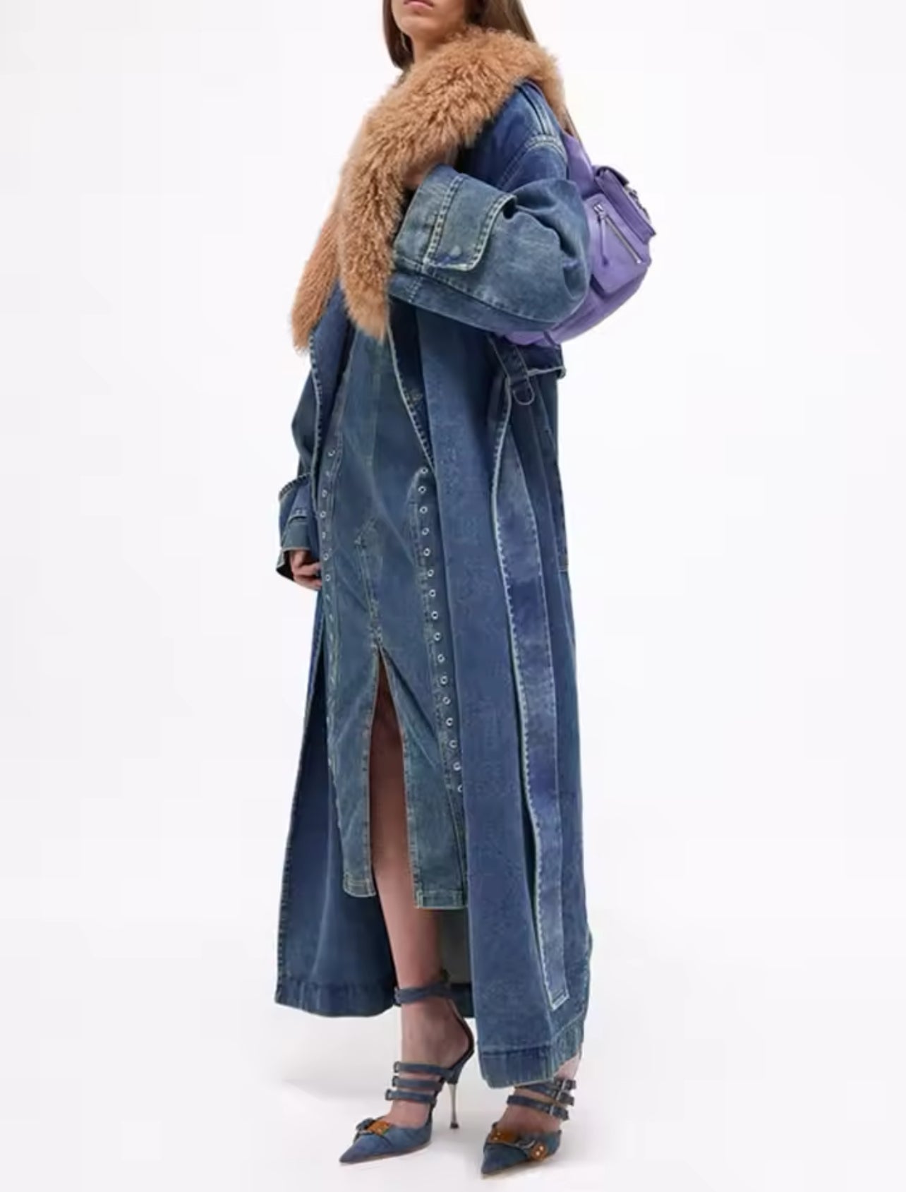 Denim Coat with Luxurious Collar and Pockets