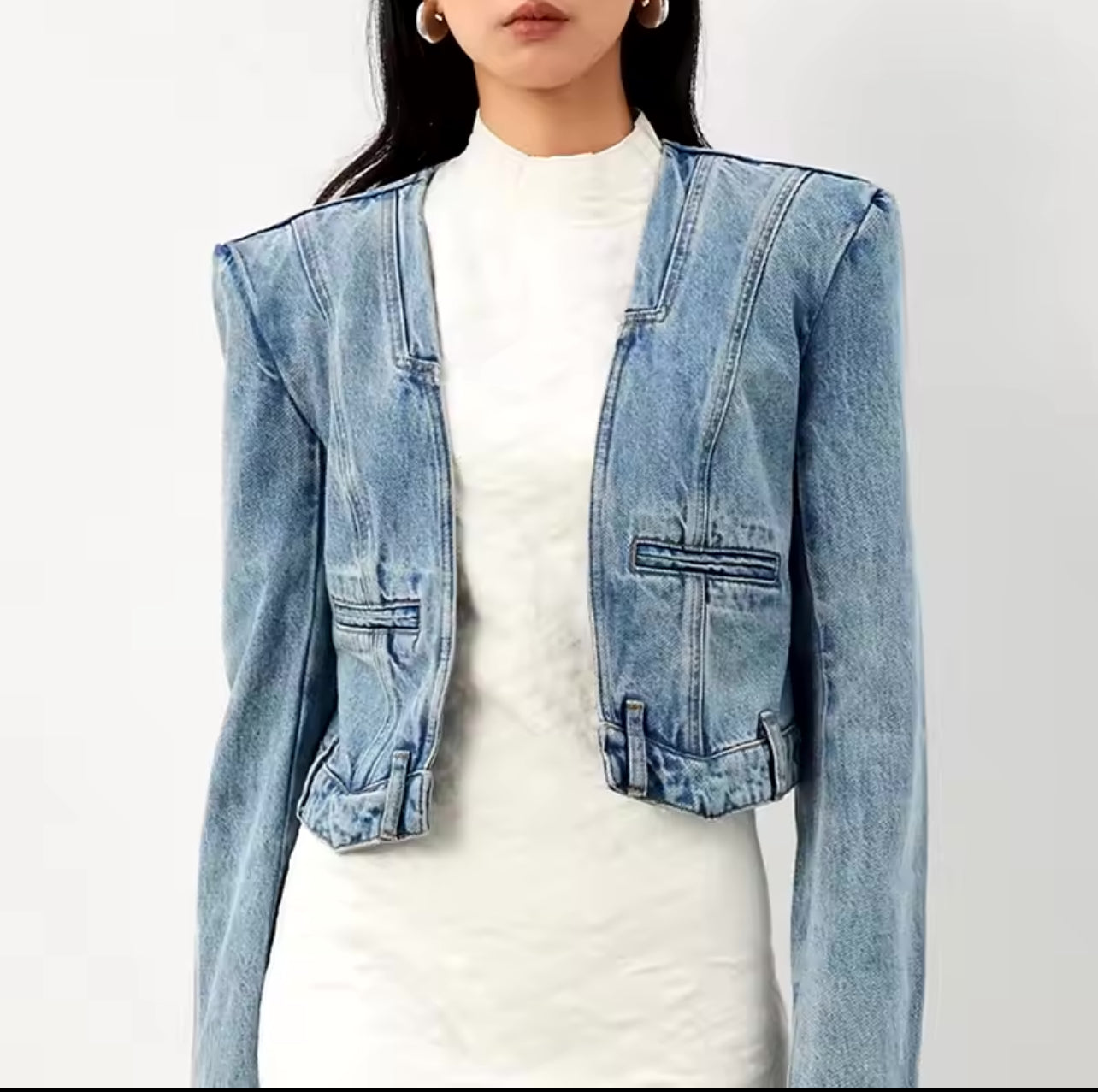 Chic V Neck Denim Jacket for Women - Stylish Long Sleeve Streetwear with Pockets