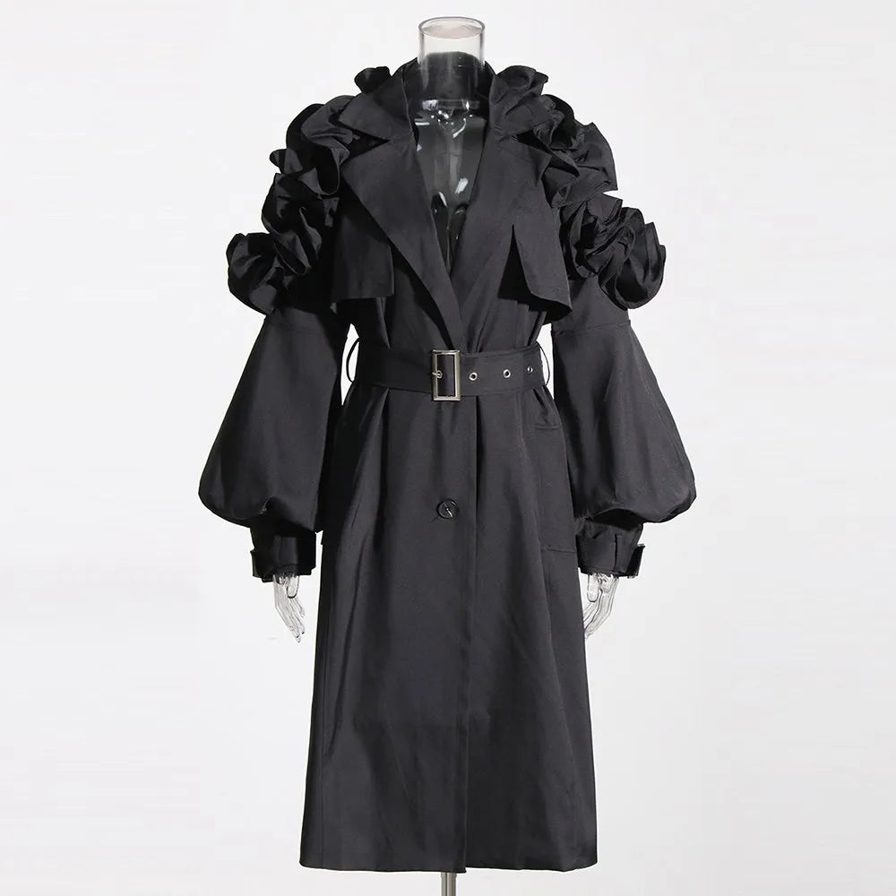 Trench Coat with Lapel and Lantern Sleeves