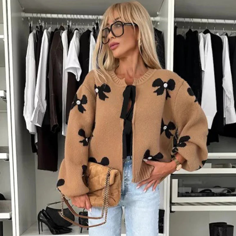 Chic Bow Lace-Up Knitted Sweater for Women - Preppy Hollow Out O-Neck Long Sleeve Cardigan for Autumn 2024