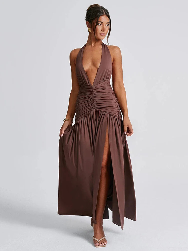 Halter Deep V-Neck Maxi Dress