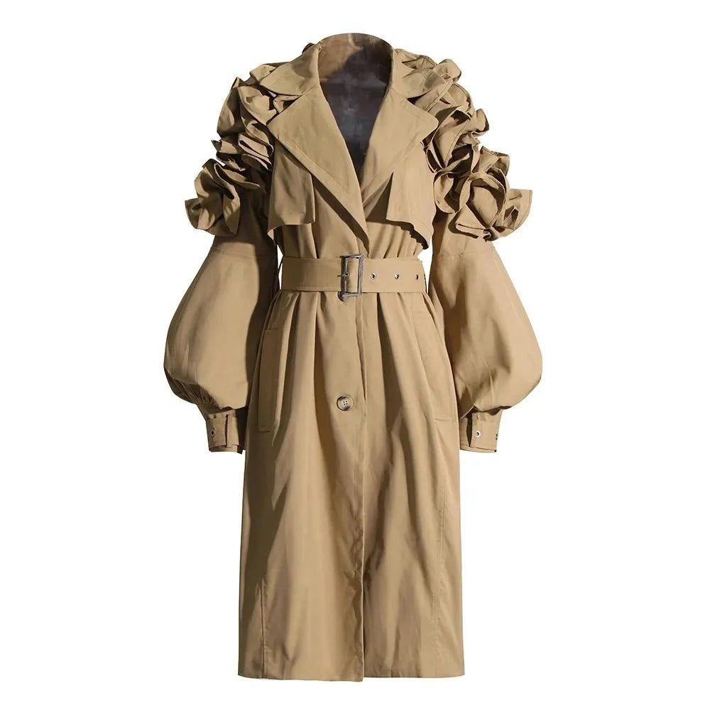 Elegant Women's Patchwork Trench Coat with Lapel and Lantern Sleeves - High Waist Design with Button Detail