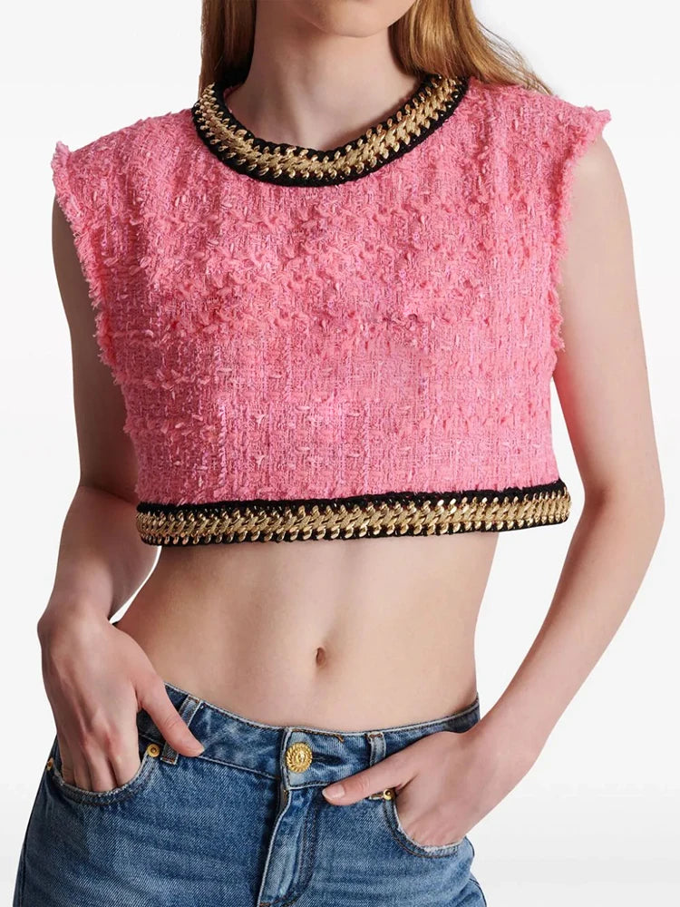 Beaded Tweed Cropped Tank Top