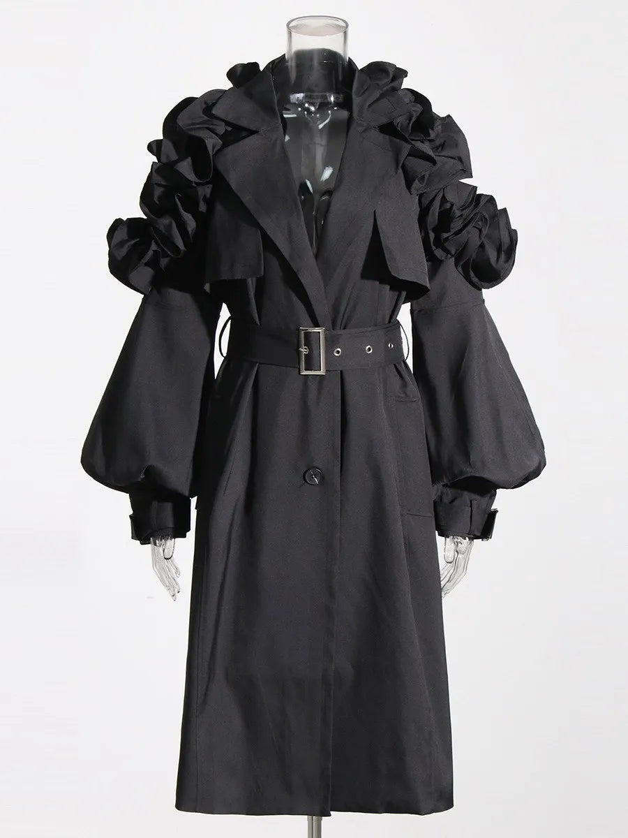 Trench Coat with Lapel and Lantern Sleeves