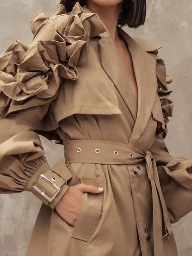 Elegant Women's Patchwork Trench Coat with Lapel and Lantern Sleeves - High Waist Design with Button Detail