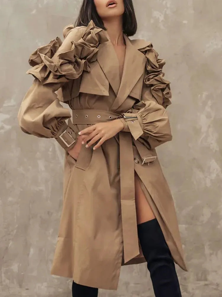 Trench Coat with Lapel and Lantern Sleeves