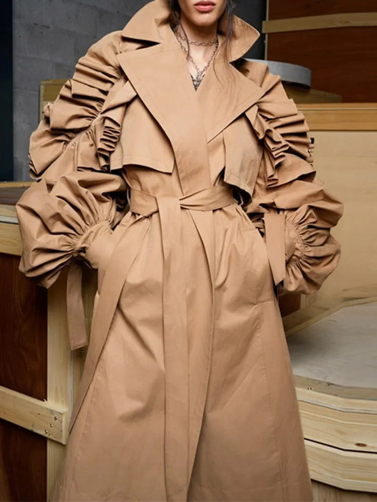 Trench Coat with Lapel and Lantern Sleeves