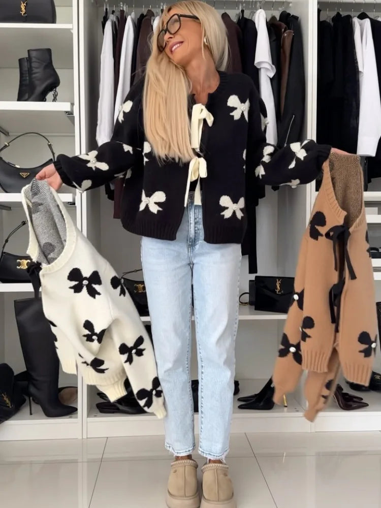 Chic Bow Lace-Up Knitted Sweater for Women - Preppy Hollow Out O-Neck Long Sleeve Cardigan for Autumn 2024