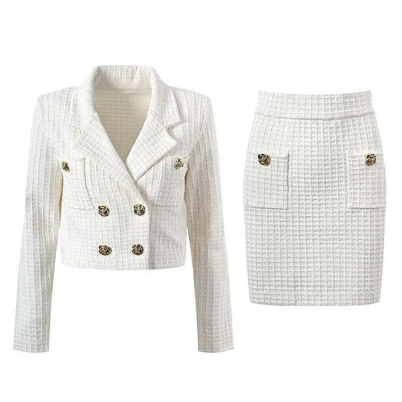 Vintage Tweed Double-Breasted Blazer and Mini Skirt Set