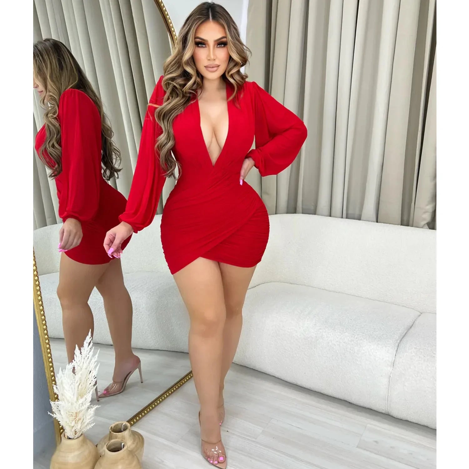 Chic Long Sleeve V-Neck Mesh Mini Dress with Lantern Sleeves