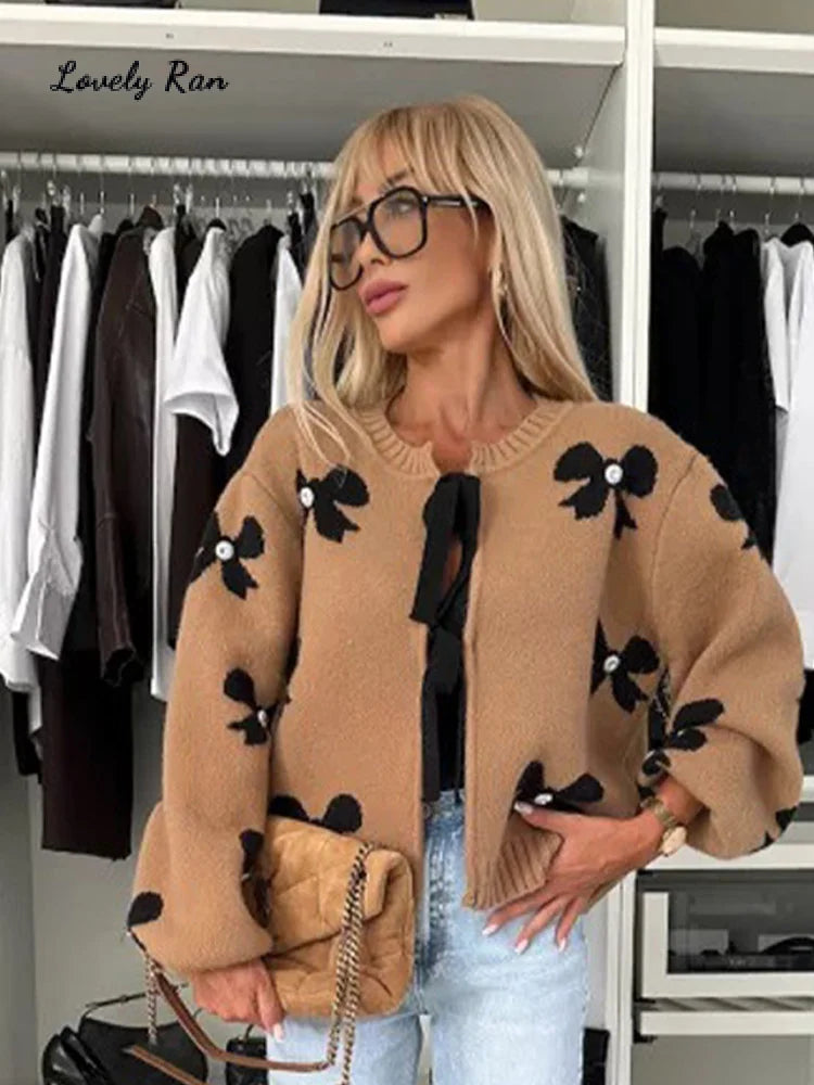 Chic Bow Lace-Up Knitted Sweater for Women - Preppy Hollow Out O-Neck Long Sleeve Cardigan for Autumn 2024