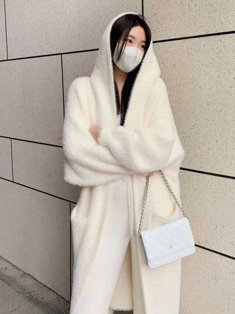 Chic White Long Cardigan for Women - 2024 Winter Knitted Cashmere Sweater Coat in Cozy Vintage Style