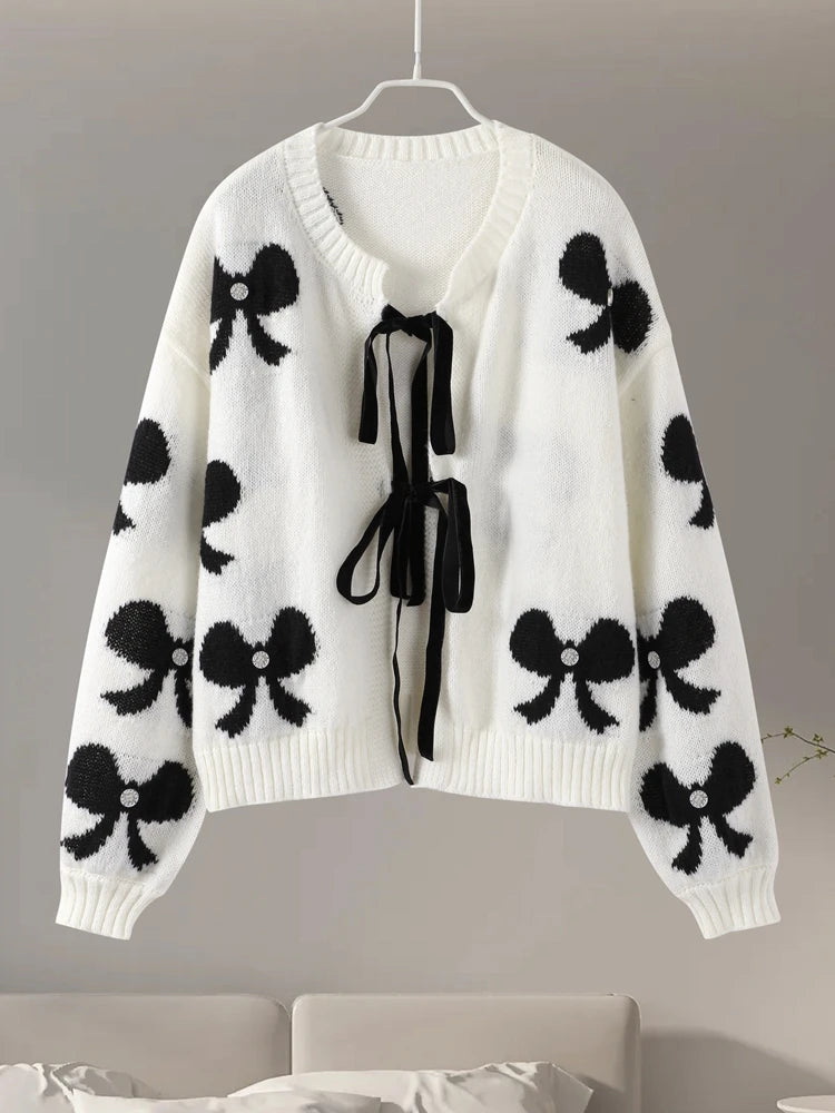 Chic Bow Lace-Up Knitted Sweater for Women - Preppy Hollow Out O-Neck Long Sleeve Cardigan for Autumn 2024