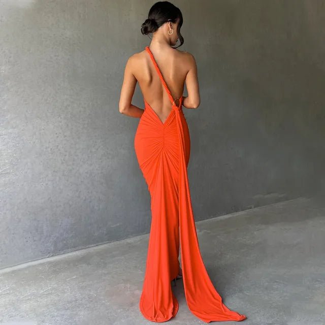 Backless Maxi Dress: Oblique Shoulder, Sleeveless - Veronica Luxe