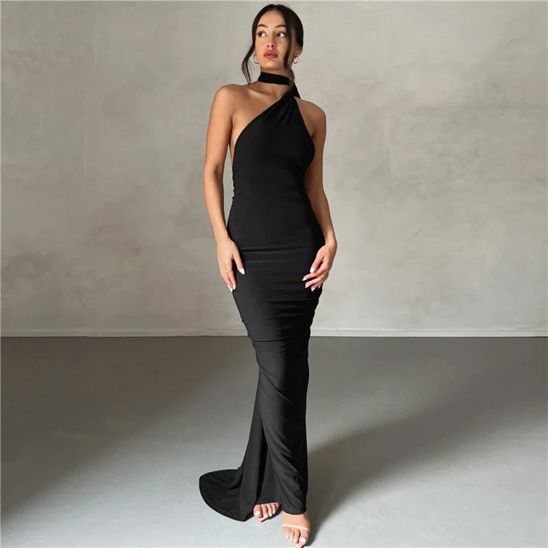 Backless Maxi Dress: Oblique Shoulder, Sleeveless - Veronica Luxe