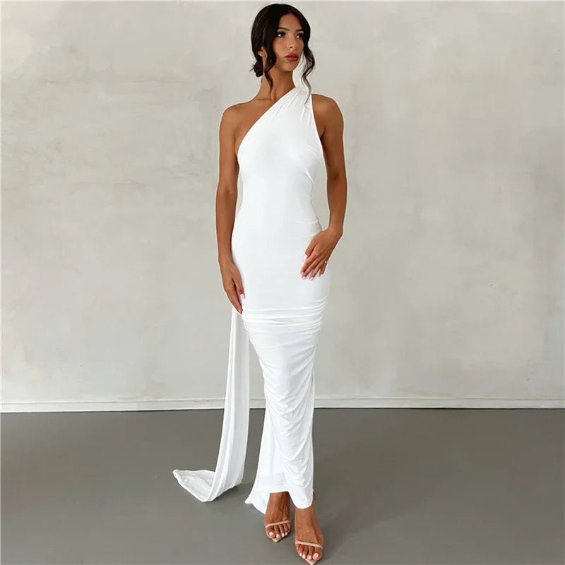 Backless Maxi Dress: Oblique Shoulder, Sleeveless - Veronica Luxe