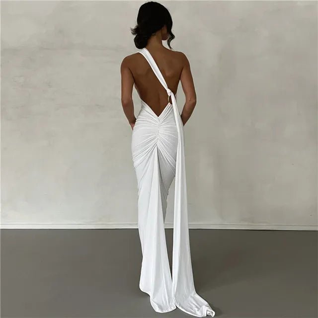 Backless Maxi Dress: Oblique Shoulder, Sleeveless - Veronica Luxe