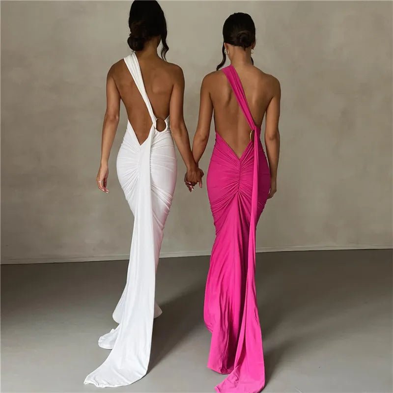 Backless Maxi Dress: Oblique Shoulder, Sleeveless - Veronica Luxe