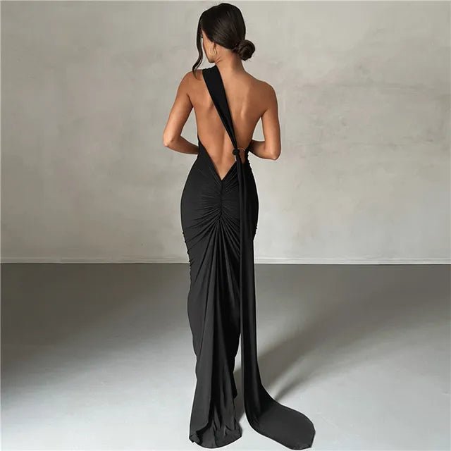 Backless Maxi Dress: Oblique Shoulder, Sleeveless - Veronica Luxe