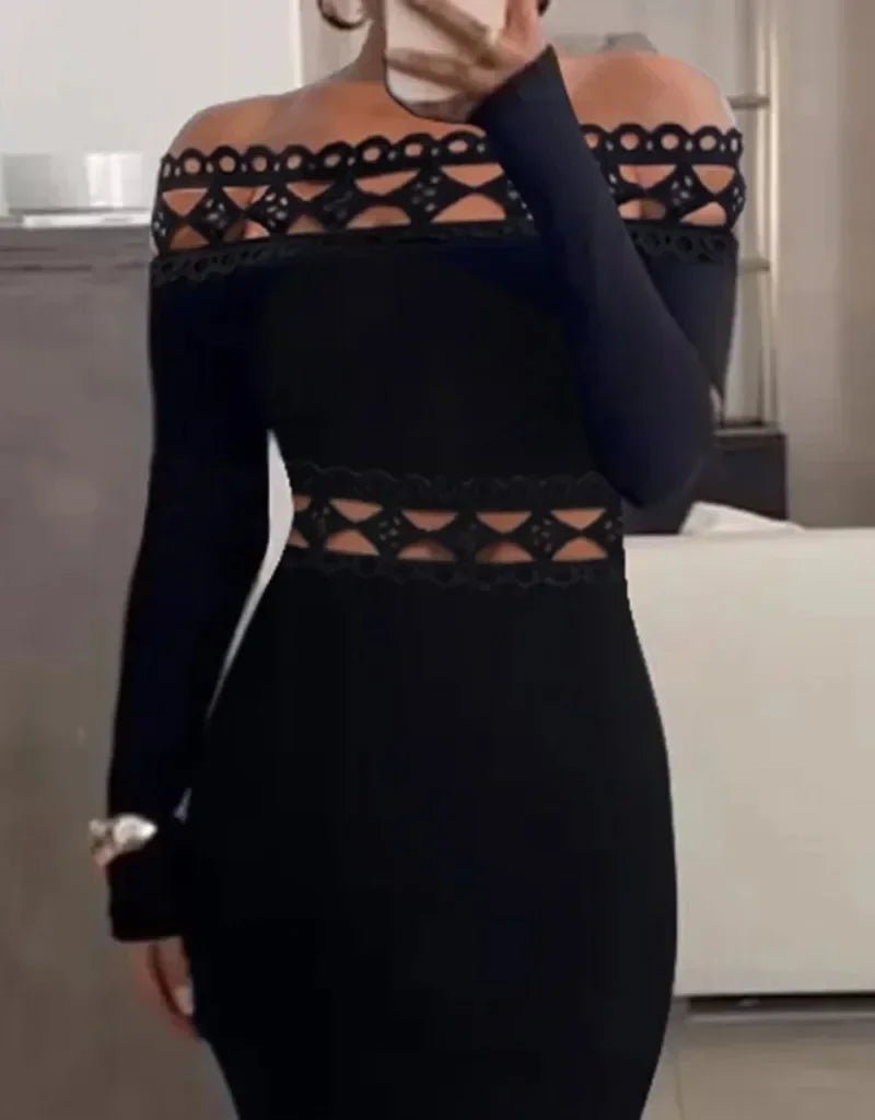 Black Lace Off - Shoulder Long Sleeve Midi Dress - Veronica Luxe