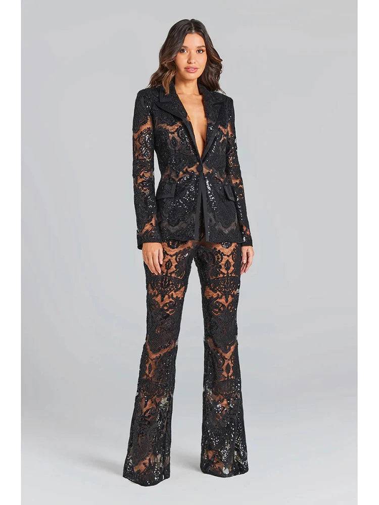 Black Lace Transparent Blazer Pant Set - Veronica Luxe