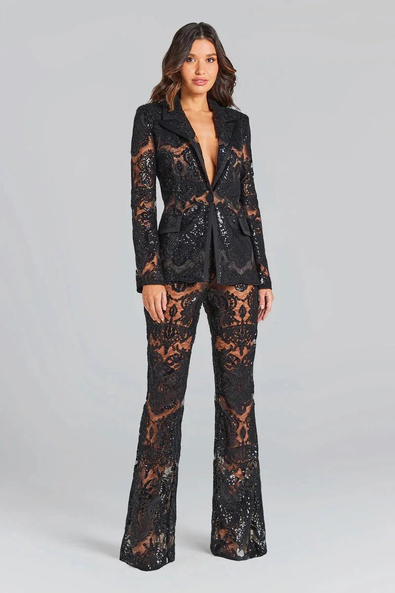 Black Lace Transparent Blazer Pant Set - Veronica Luxe