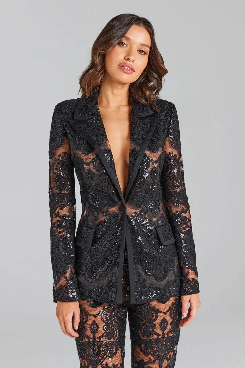 Black Lace Transparent Blazer Pant Set - Veronica Luxe