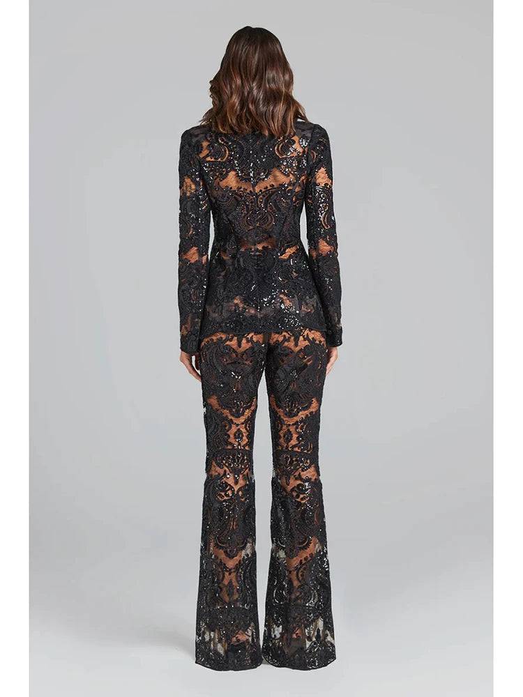 Black Lace Transparent Blazer Pant Set - Veronica Luxe