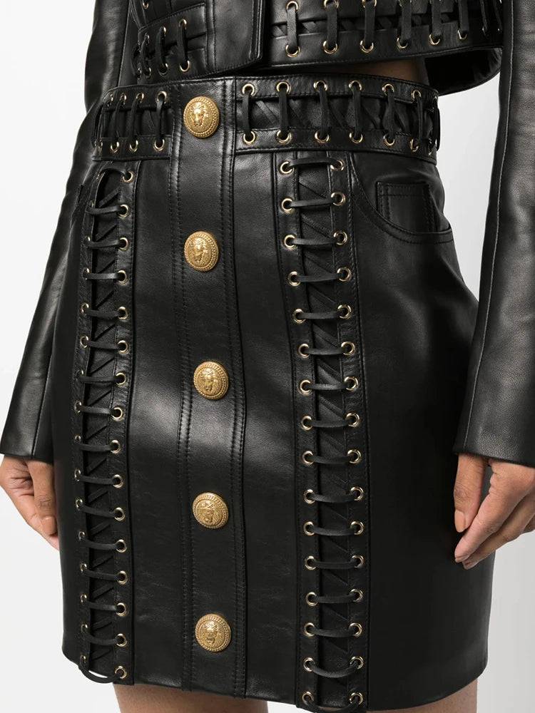 Black Lace-Up Faux Leather Skirt - Veronica Luxe