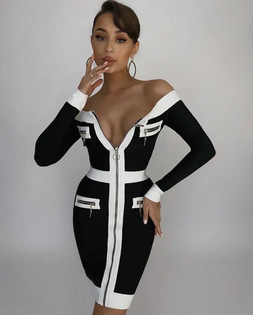 Black Off -the- Shoulder Long Sleeve Bandage Dress - Veronica Luxe