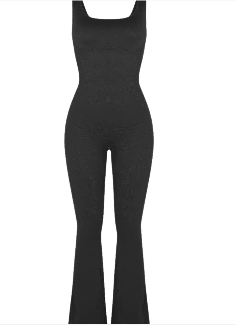 Black Seamless Snatching Flare Jumpsuit   - Veronica Luxe