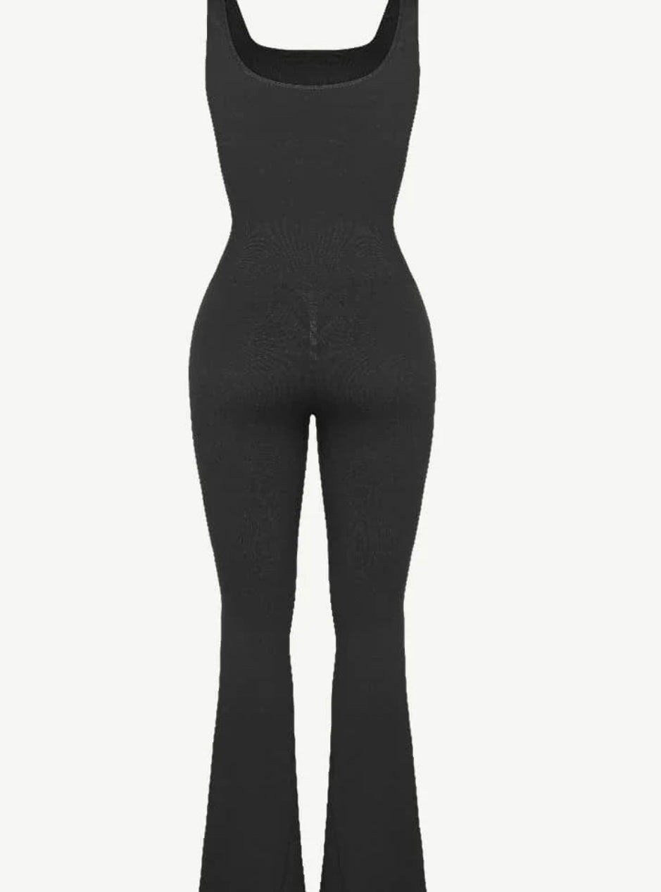 Black Seamless Snatching Flare Jumpsuit   - Veronica Luxe