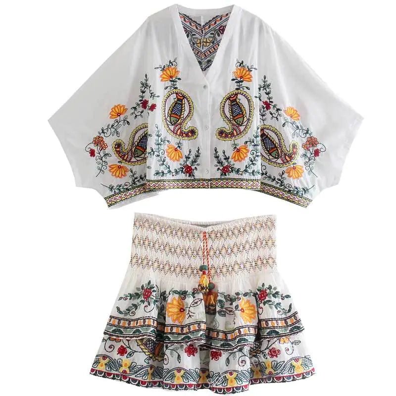 BOHO Inspired Floral Embroidery Skirt Set - Veronica Luxe