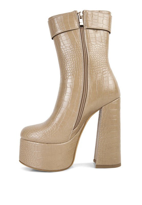 Bumpy Croc High Block Heeled Chunky Ankle Boots - Veronica Luxe