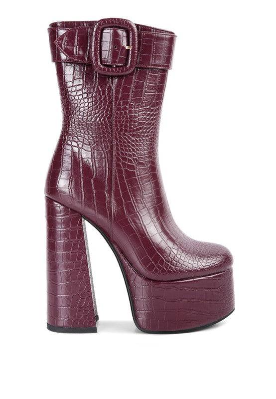 Bumpy Croc High Block Heeled Chunky Ankle Boots - Veronica Luxe