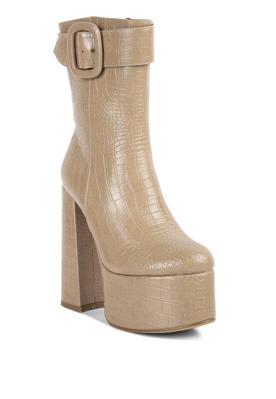 Bumpy Croc High Block Heeled Chunky Ankle Boots - Veronica Luxe