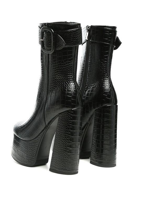 Bumpy Croc High Block Heeled Chunky Ankle Boots - Veronica Luxe