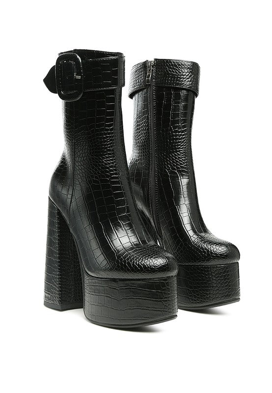 Bumpy Croc High Block Heeled Chunky Ankle Boots - Veronica Luxe